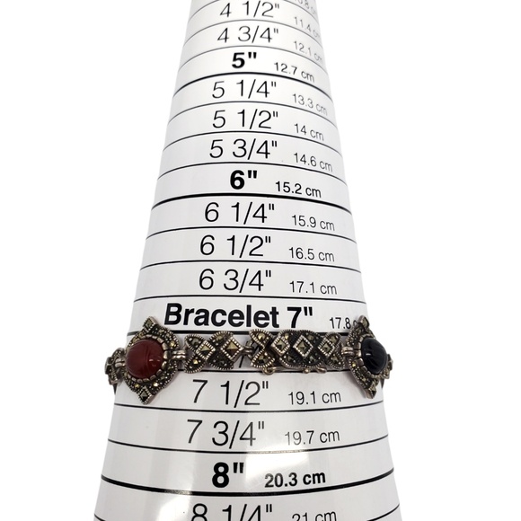 Vintage Marcasite Sterling Silver Carved Gemstone Scarab Bracelet #20595 - Picture 10 of 10